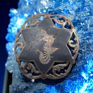 925 Sterling Silver Vintage Niello Goddess Blue Enamel Pin Brooch Pendant VTG